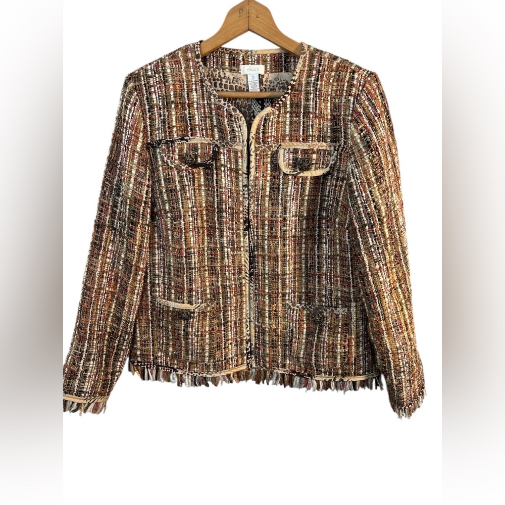 Chico’s Fringe Tweed Ida Jacket Size 2  Large 12 Business Career Academia Preppy